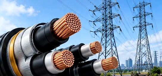 Large copper-core transmission cables with power towers
